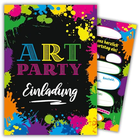 JuNa-Experten 12 x Einladungskarten Kindergeburtstag Mädchen Junge Art-Party Basteln-Party Einladung Geburtstag Kinder Mädchengeburtstag Jungsgeburtstag coole Geburtstagseinladungen Partyeinladungen