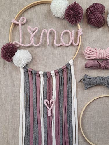 LIDAM personalisierte Deko-Kinderzimmer-Mädchen - wunderschönes Bastelset Türschild-Kinderzimmer, Traumfänger-Kinder aus Bambusholz, Strickschlauch mit Draht +Bilderanleitung