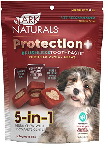 Ark Naturals Protection Plus Brushless Toothpaste for Mini Breeds, 4 oz Bag, Dog Dental Chew with Toothpaste Center, Prevents Plaque & Tartar, Freshens Breath