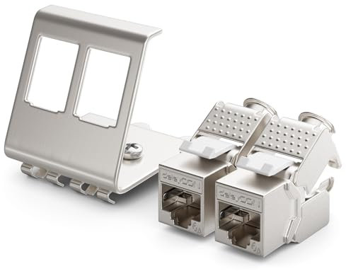 deleyCON 1x CAT6a Keystone Jack Module Avec 1x 2-Port Adaptateur Pour Profilé Chapeau Comme Set Métal STP Blindage RJ45 Femelle 10 Gbit/s Réseau Montage Snap-In Pour Profilés Chapeau 35mm