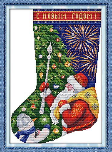 OWN4B Kreuzstich-Set, vorgedruckt, Weihnachtsstrumpf, Weihnachtsmann-Stempelmuster, 11 Karat, 39,1 x 54,1 cm, DIY-Stickset (Socke 8)