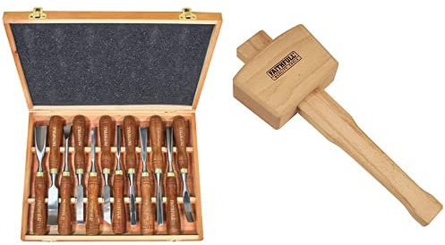 Faithfull FAIWCSET12 Wood Carving Chisels Set of 12 in Presentation Case & FAICM4 Carpenters Beech Mallet 4in