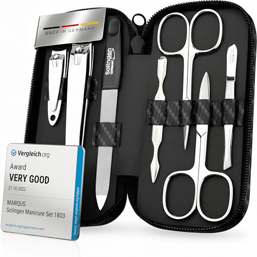 Maniküre Set Solingen - Vergleichssieger - Kunst Leder Etui handlich und weich - 7teiliges Nagelset für Damen und Herren marQus aus glanzvernickeltem poliertem Stahl