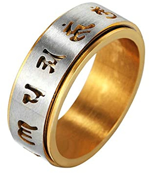 Lieson Edelstahl Herren Ring Freundschaft, Silber Gold Herren Ring Freundschaftsring Mantra Om Mani Padme Hum Punk Ringe Herren Größe 62 (19.7)