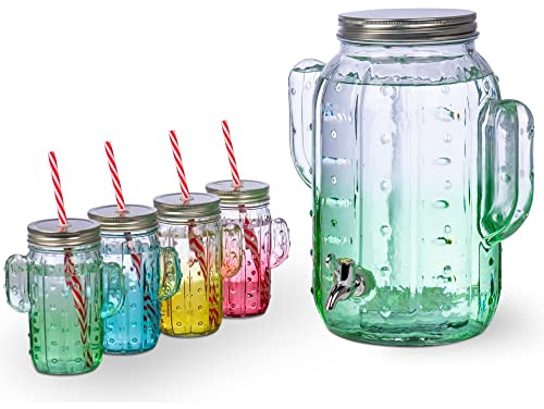 Bar@drinkstuff Cactus Drink Dispenser (8L) with Cactus Mason Jars (160z) Set, DS59478, Set of 5