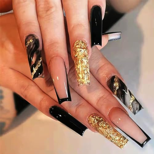 Brishow Lange Nägel zum Aufkleben Rosa Künstliche Nägel Gold Glitzer Press on Nails Ballerina Acryl Falsche Nägel 24 Stück für Frauen und Mädchen
