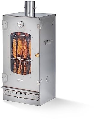 KAISER COMPANY '80' Hochwertiger Räucherofen aus Edelstahl mit Holzbefeuerung I Tragbarer Smoker 86 cm I Ideal zum Räuchern I Passen bis zu 12kg Fleisch I mit Zubehör I EDELSTAHL
