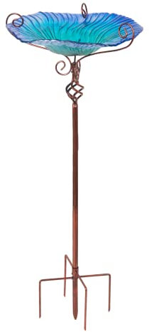 Abreuvoir Oiseaux Extérieur sur Pied, Mangeoire d’Oiseaux Exterieur en Verre Trempé Pied Métal Bains pour Oiseaux Sauvages de Jardin en Forme de Fleur - 31x31x79cm