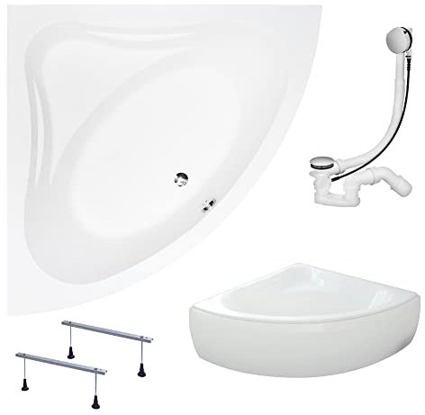 KOLMAN Badewanne MIA Eckbadewanne 140x140 mit AcrylSchürze, Ablaufgarnitur und Füßen Komplettset 4in1 Premium Original Acryl Wanne Siphon