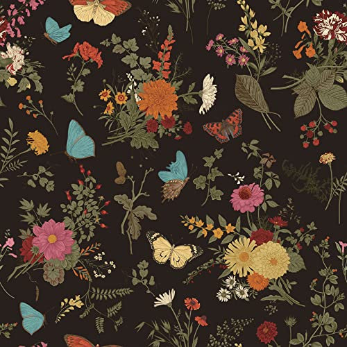 VEELIKE Tapeten Blumen Schwarz Schmetterling Blumentapete Selbstklebende Tapeten Blätter Tropische Fototapete Schlafzimmer Romantik Klebefolie Möbel Badezimmer Schrankpapier Vintage 44.5cm x 300cm