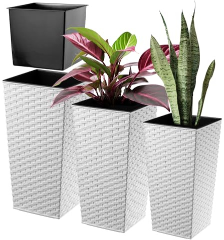 KADAX Maceteros Altos para Plantas de Interior y Exterior, Macetas de Plástico, Jardineras Altas (Imitación Ratán, Blanco, 57 cm, 68 cm y 75 cm)