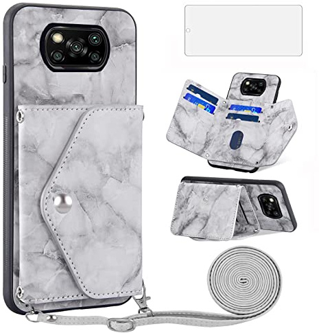 Asuwish Funda para Xiaomi Poco X3/X 3 Pro/PocoX3 NFC con Cuerda y Cristal Protector de Pantalla Tarjetero Plegable Cadena Cuero Monedero Capa para Mi 3X 5G Carcasa Case Gris