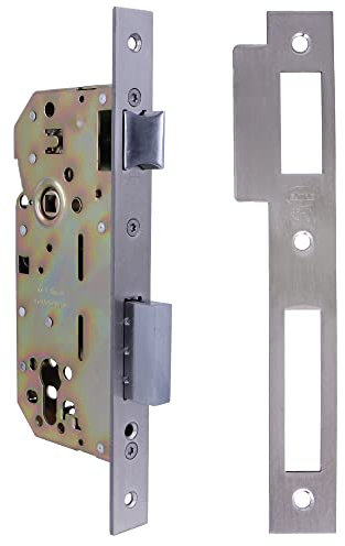 Amig - Cerradura de Embutir para Puertas de Madera - Con Paletón de Cierre - Frente y Soporte en Canto Cuadrado - Entrada de 50 mm - Picaporte reversible - Acero - Plateado Mate - 240 mm
