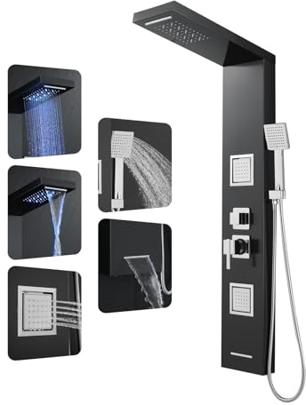 ROVOGO Shower Panel Tower System with Led Lights Rainfall Waterfall Shower Head, 2 Big Body Jets, Handheld and Tub Spout, Shower Column Stainless with Mixer Valve, Black