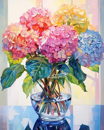 SULISO Måla efter nummer, akryl- och oljemålningar, följ siffror, för vuxna nybörjare, barn, målarsats, 40 x 50 cm, utan ram, färgglad hortensia