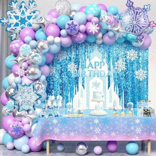 vamei 159 Piezas Cumpleaños Decoración Niña Kit Arco de Globos Azul Morado Guirnalda Globos Copo de Nieve Mantel Telón de Fondo Decoración Cumpleaños Princesa Artículos de Fiesta