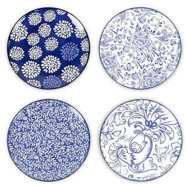 Selamica Dessert Plates Ceramic, 6 Inch Embossed Small Plates for Appetizer, Cake, Snacks, Microwave Dishwasher Safe, Set of 4, Blue