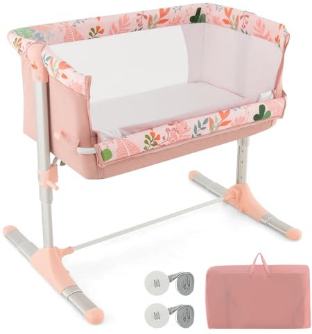LIFEZEAL Lit Cododo Bébé avec Matelas, Lit d'Appoint avec Hauteur Réglable en 4 Positions et Inclinaison de 10°, 2 Sangles de Sécurité, Charge de 9 kg, Lit de Voyage Bebe avec Sac, 0-5 Mois (Rose)