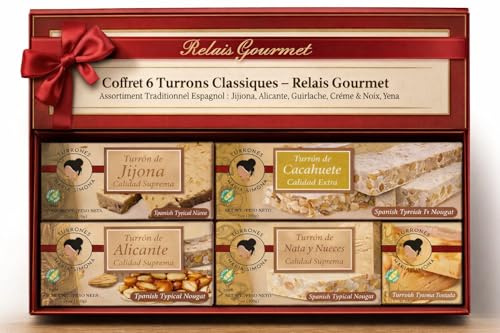 Coffret 6 Turrons Classiques – Relais Gourmet | Assortiment Traditionnel Espagnol : Jijona, Alicante, Guirlache, Crème & Noix, Yema Tostada, Catalane | Sans Gluten | Idéal Noël et Cadeaux Gourmets