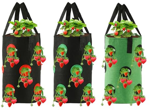 PEUTIER 3 Pezzi di Sacchetti per Fioriera per Fragole, Sacchetti Cilindrici Sospesi per Coltivazione Fioriera da Parete Verticale Durevole per Piante Sospese per Interni ed Esterni