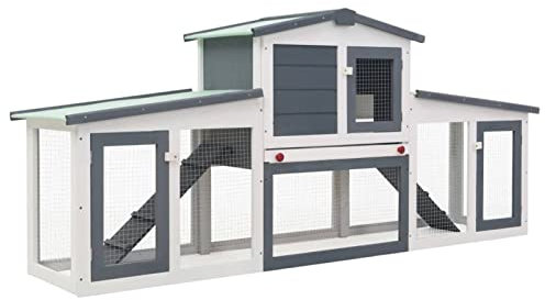 BAZZI Großer Outdoor Kaninchenstall, Hasenstall aus Holz in Grau und Weiß, Meerschweinchen Käfig, 204x45x85 cm, Freilaufgehege, Hasenhaus, Kleintierhaus, Hamsterkäfig, Kaninchengehege