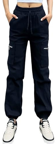 Nuofengkudu Tobilleros Pantalones Cargo Mujer Cremallera Bolsillos Cordon Elasticos Cintura Alta Joggers Harem Pantalon Deportivos Sueltos Casual Comodos Jogging Sweatpants Moda Punk Negro M