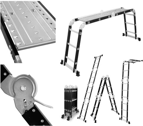 DRABEST Scala Pieghevole Universale Multifunzionale Articolata 4x3 Gradini + PIATTAFORMA – Alluminio + Acciaio – Carico Massimo 125kg – 0,32x0,89x0,25m