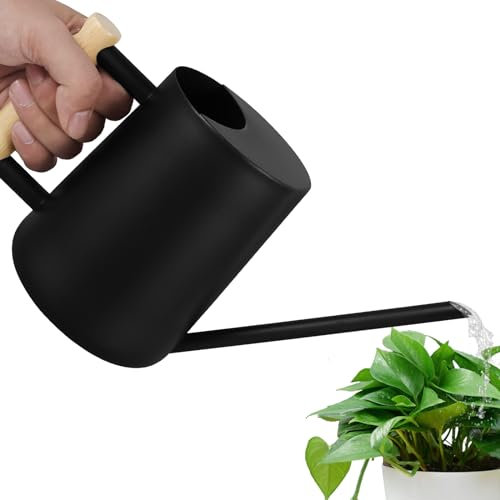 Regadera para plantas de interior, 1 L, 26 x 14 cm, regadera de acero inoxidable para interiores, con caño largo, mango de madera, regadera extraíble, plantas de interior, negro, para plantas