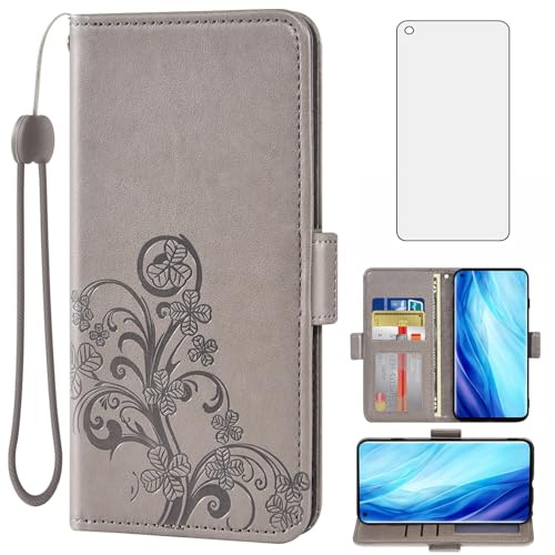Asuwish Compatible with OPPO Reno 4 Pro 5G Wallet Case and Tempered Glass Screen Protector Flip Purse Accessories Wrist Strap Credit Card Holder Cell Phone Cover for Reno4 4Pro Women Men Grey