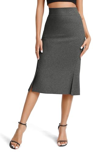 EXCHIC Femmes Élégant Taille Haute Elasticité Midi Crayon Jupes avec Fendues(XL, Gris foncé)