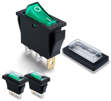 Innfeeltech 3 Stück Mini-Wippschalter Grün KCD3-103 3-Pin 3-Position Kippschalter mit 3 wasserdichten Kappen