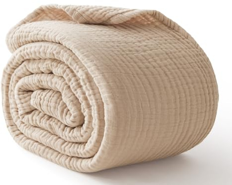 6 Layers Cotton Muslin Blankets Large, Lightweight Cotton Throw, Cooling Soft Throw Blanket for Year-Round Comfort, Breathable Quilt Bedspread, Gauze Weave Bedding for Adults, Oatmeal, Beige Linen