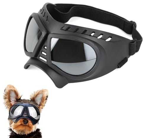 YHZNAGEM Hundebrille für Kleine Hunde, Hunde Sonnenbrille Einstellbar Hundebrille UV-Schutz Wasserdicht Winddicht Schneeschutz Gummiband Hunde Motorradbrille (Silber)