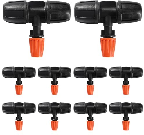 VooGenzek 10 Stücke Drei-Wege-Zerstäubungsdüse für 8/12 mm Tropfschläuche, Verstellbare Micro Drip BewäSserungssprinkler Emitter mit T-Anschluss Tropfbewässerung Zubehör, für Garten, Rasen