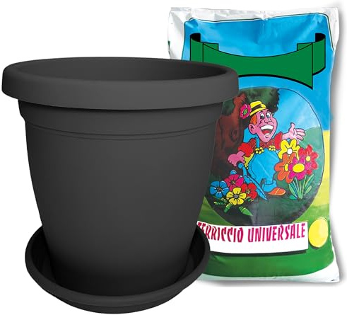 Sicignano - Vase rond avec soucoupe et terreau, plastique 100 % recyclable, drainage réglable, design moderne classique, intérieur extérieur, pour plantes fleurs jardin (anthracite, 50 cm)