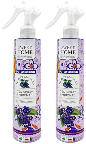 Sweet Home Suarez Mediterranea Profumatori Per Ambienti Con Bastoncini 100 Ml E Deodoranti Per Ambienti Spray 250 Ml (Deodorante Spray Fiori Di Sambuca 2 Unità)
