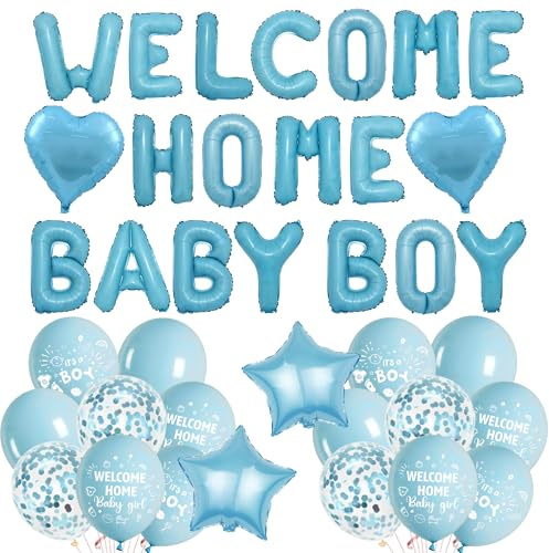 Welcome Home Décorations de fête prénatale pour bébé garçon – Ballons en aluminium en forme de lettre, d'étoile, de cœur, confettis en latex pour fête d'anniversaire de famille, garçon, nouveau-né