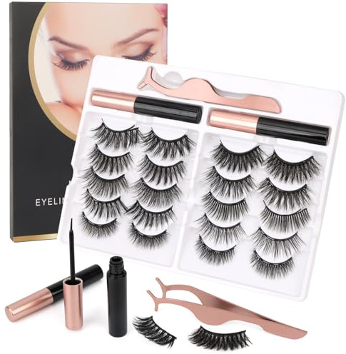 MOTIBACK Magnetic Eyelashes with Applicator, 10 Pairs Reusable Magnetic Lashes with 2 tubes of Magnetic Eyeliners, 1 Eyelash Tweezers Easy to Wear and Remove Natural-Look