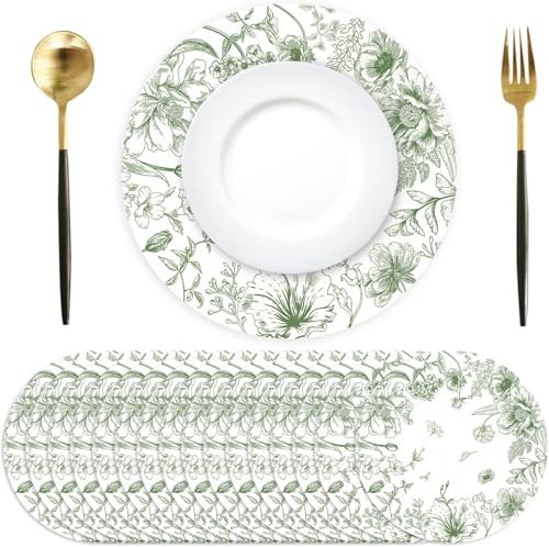 Tarklanda 50 Pack Green Floral Paper Placemats 13 Inch Vintage Sage Green Flower Disposable Place Mats Decorative Chinoiserie Round Table Mats for Dinner Table Setting Birthday Wedding Party Supplies