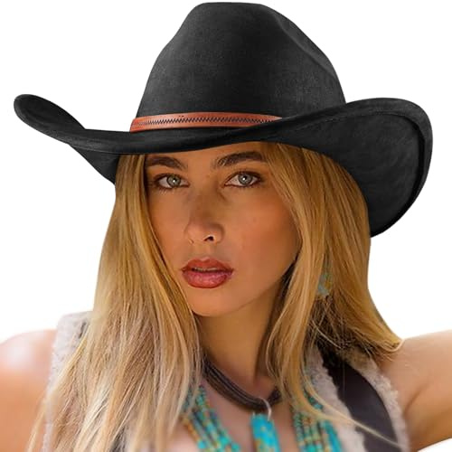 DRESHOW Sombrero de Vaquero para Mujers y Hombres Sombrero de Vaquera Western Clásico con Cinturón de Hebilla Sombrero de Enrollado de ala Ancha Grande Fedora para Unisex