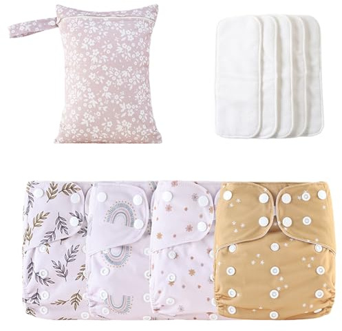 Stoffbaby Windeln - wiederverwendbare verstellbare umweltfreundliche Windeln | 4x absorbierende Bambusauskleidungen mit wasserdichtem Abdeckung, 4 Einsätze und Nassbeutel - für Neugeborene und Kleinki