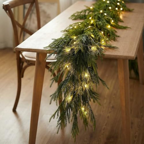 6FT/1.8M Norfolk Pine Christmas Garland, Christmas Garland for Fireplace, Decorative Christmas Garlands with Lights Artificial PE Xmas Garland Wreath for Home Store Indoor Outdoor Decorations