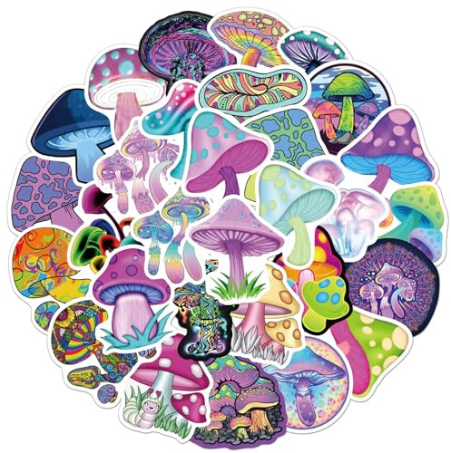 50 Pcs Colorful Mushrooms Stickers Laptop Car Scrapbook Phone Skateboard Suitcase Luggage Bike Mushrooms Vinyl Waterproof Aesthetic Personalised Stickers for Teens Boys Girls Adults