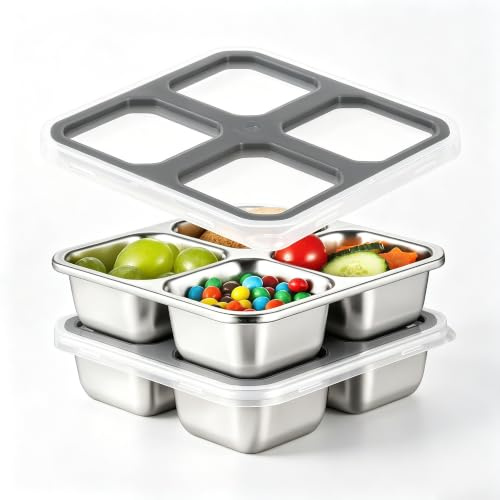 Misichao Stainless Steel Snack Box with 4 Compartments Bento Lunch Snack Containers for Kids Adults Reusable Meal Prep Containers Food Storage Containers with Transparent Lids Grey 2 Pack | BPA Free Stainless Steel Lunch Box Bento Lunch Box for Kids & Adults, Reusable for Meals, Snacks & Meal Prep