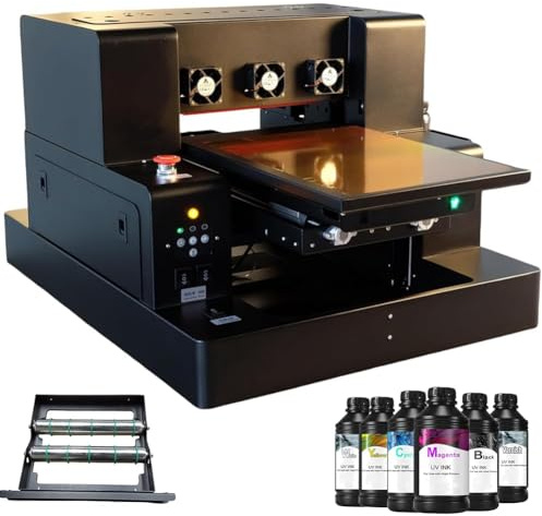 UV Drucker A3, uv Drucker Farbe mit Rotation Flachbett Inkjet UV Printer A3-L805 USB 1440 x 1440 DPI 220V mit C, M, Y, W, K, V Tinte für Flaschen/Papier/Telefon Fall/PVC/UVDTF/Acryl/Holz etc.