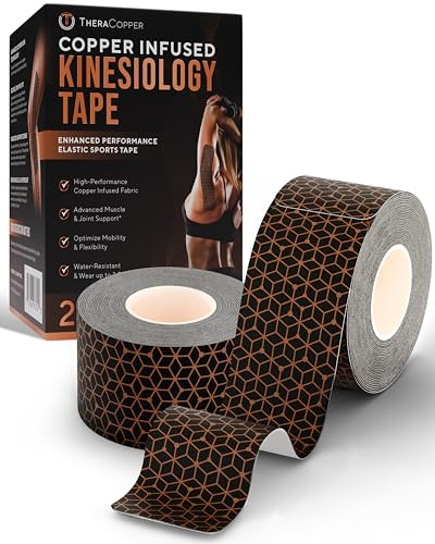 TheraCopper Copper Infused Kinesiology Tape – 2 Rolls (40 Precut Strips) – Advanced Waterproof Kinesiology Tape for Shoulder, Elbow, Bowling Wrist, Weightlifting, Muscle Strain & Joint Support (Black)