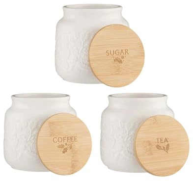 Home Deco London Ceramic Kitchen Storage Jars, Tea Coffee Sugar Canisters, Airtight Silicone Seal (Acorn Tea, Coffee & Sugar Set)