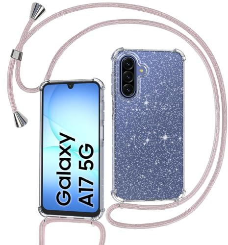 Tikgue Handykette für Samsung Galaxy A17 5G/4G Hülle mit Band, Handyhülle mit Kordel zum Umhängen Schutzhülle mit Kette Glitzer Transparent Weich TPU Silikon Bumper - Roségold