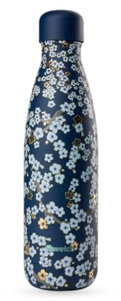 Qwetch – Botella isotérmica Originals Flowers azul noche 500 ml – 24 horas frías y 12 horas calientes, impermeable y reutilizable, botella de acero inoxidable isotérmica para deporte, viajes, oficina