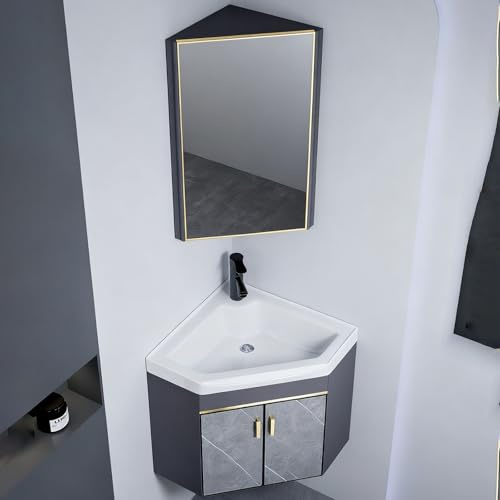 Combiné meuble de salle de bain d’angle avec lavabo en céramique et miroir, meuble suspendu pour petite salle de bain(43cm/16.9in)